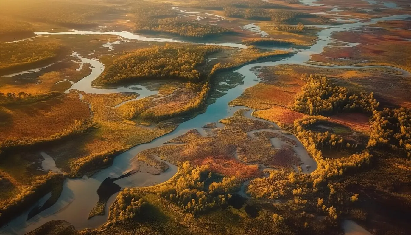 Ein Fluss fließt durch einen Wald, mit Wald im Hintergrund.